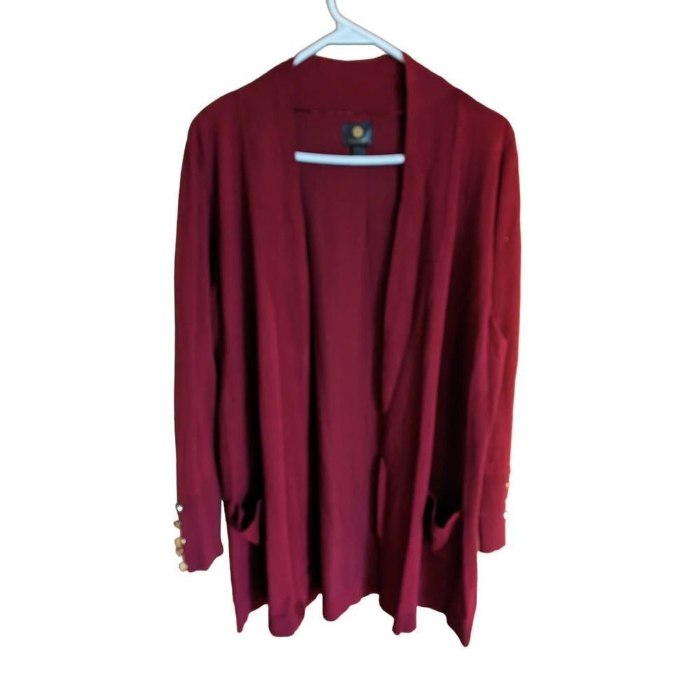 JM Collection cranberry color, open front cardigan with pockets in a woman's XL